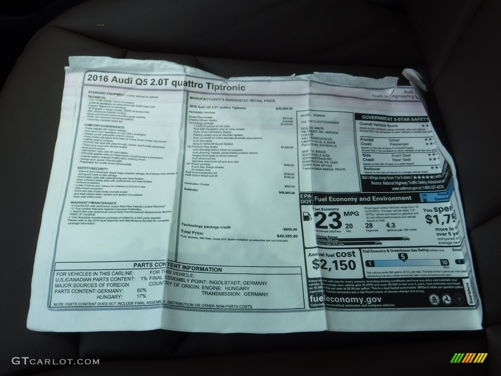 2016 Q5 2.0 TFSI Premium quattro - Scuba Blue Metallic / Chestnut Brown photo #36