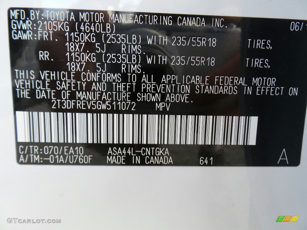 2016 Toyota RAV4 Limited AWD Color Code Photos