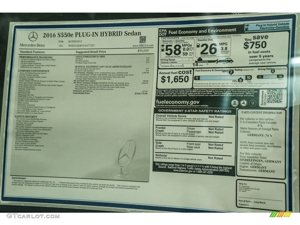 2016 Mercedes-Benz S 550e Plug-In Hybrid Sedan Window Sticker Photo #115028597