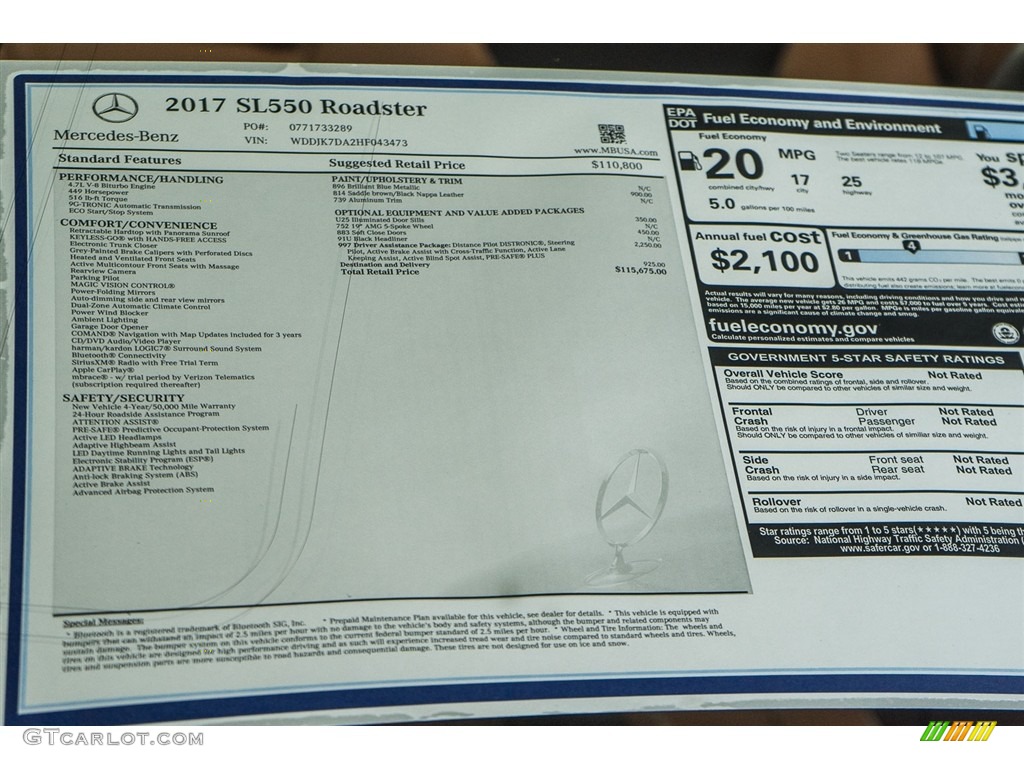 2017 Mercedes-Benz SL 550 Roadster Window Sticker Photo #115035408
