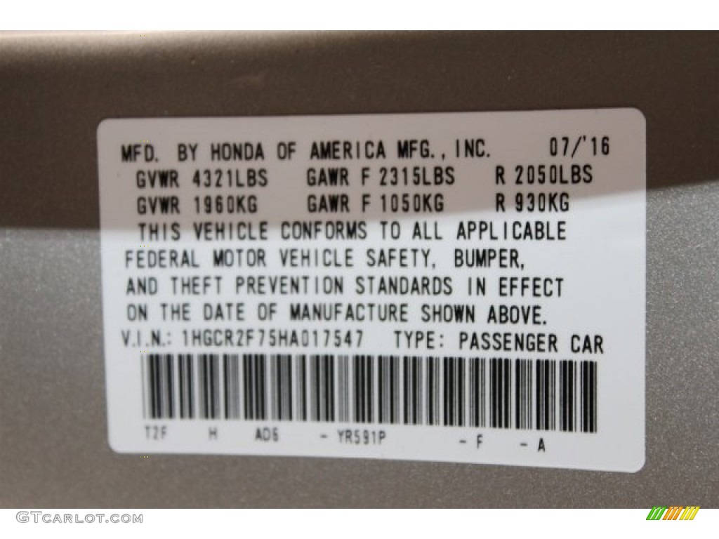 2017 Accord Color Code YR591P for Champagne Frost Pearl Photo #115041773