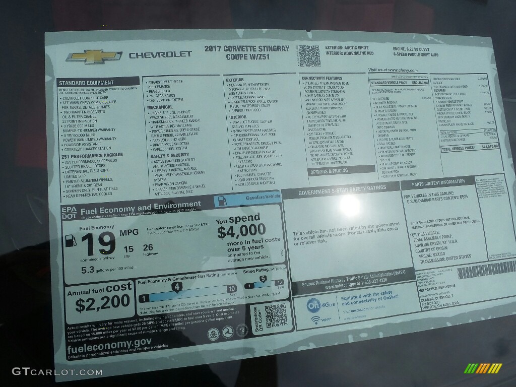 2017 Chevrolet Corvette Stingray Coupe Window Sticker Photo #115049736