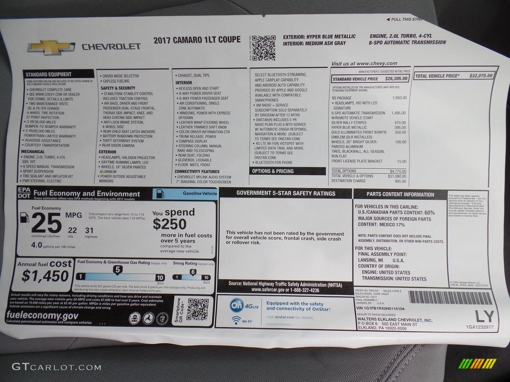 2017 Chevrolet Camaro LT Coupe Window Sticker Photo #115061211
