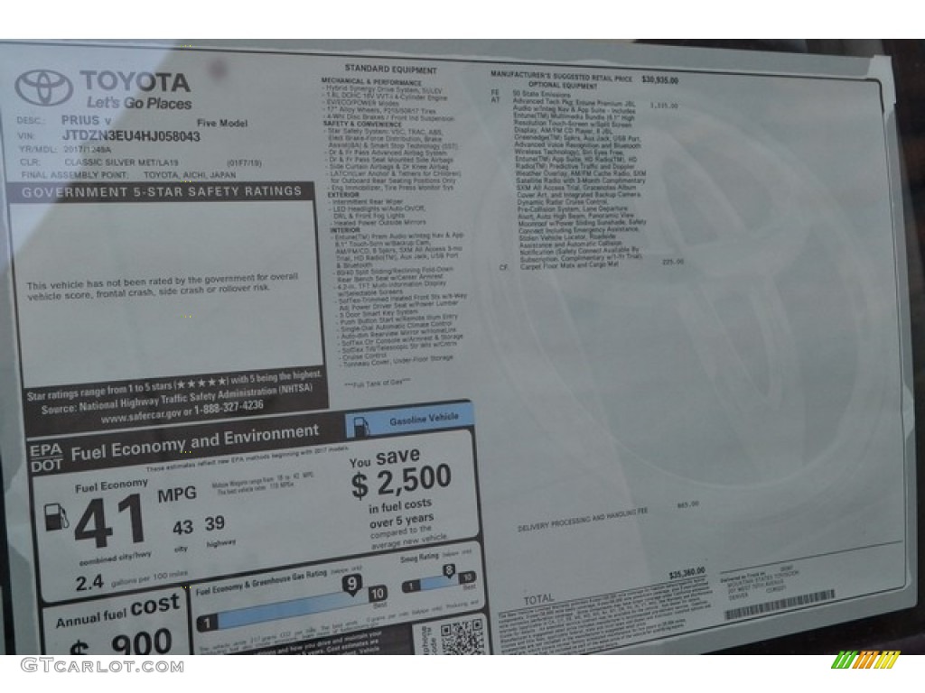 2017 Toyota Prius v Five Window Sticker Photo #115098968
