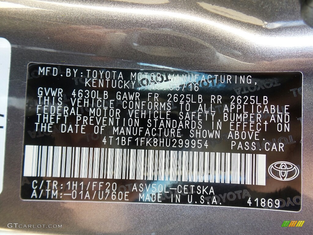 2017 Camry Color Code 1H1 for Predawn Gray Mica Photo #115138760