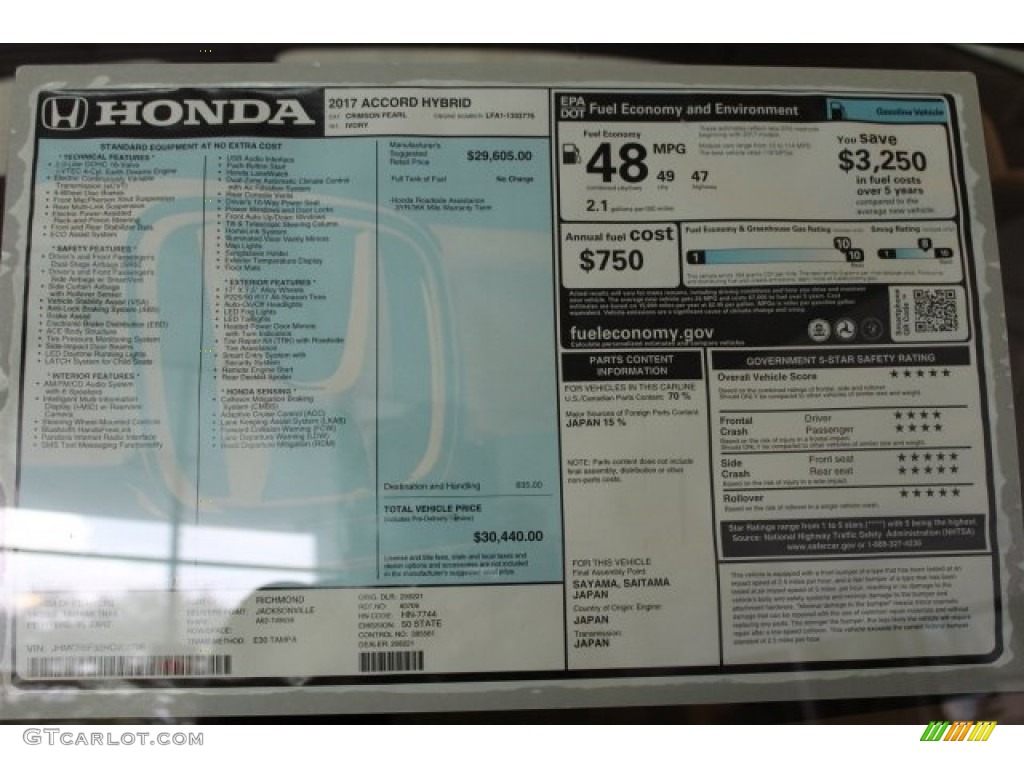 2017 Honda Accord Hybrid Sedan Window Sticker Photo #115139353
