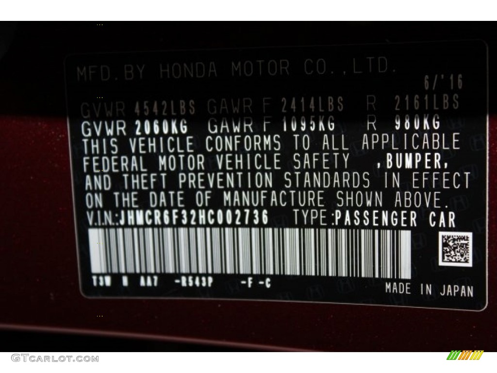 2017 Accord Color Code R543P for Crimson Pearl Photo #115139369