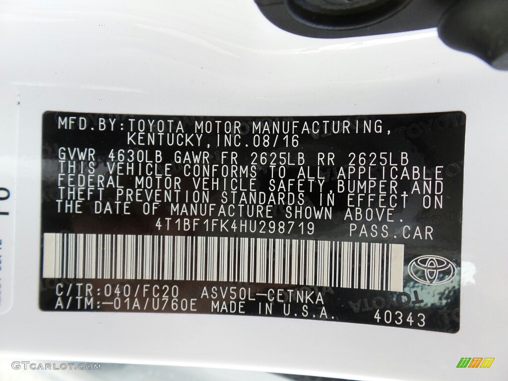 2017 Camry Color Code 040 for Super White Photo #115139711