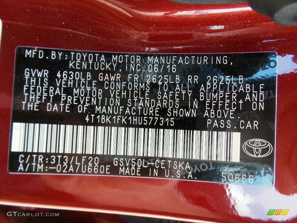2017 Toyota Camry XSE V6 Color Code Photos