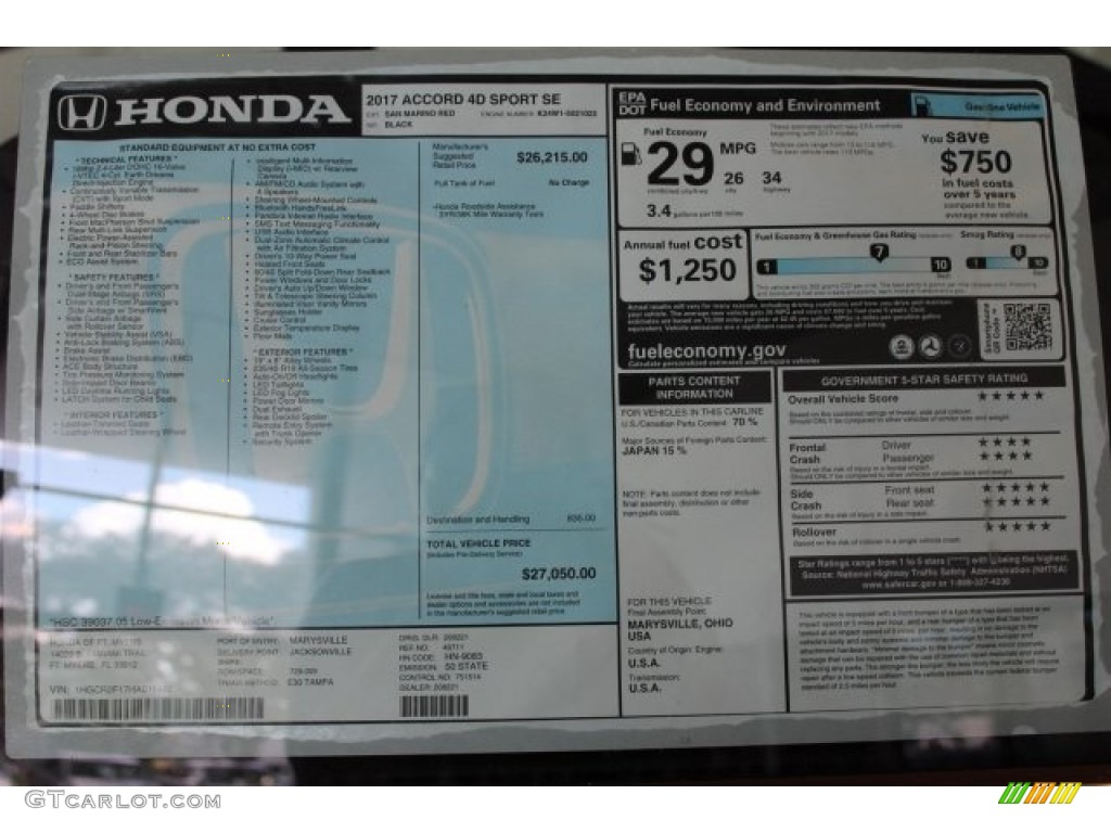 2017 Honda Accord Sport Special Edition Sedan Window Sticker Photo #115143155
