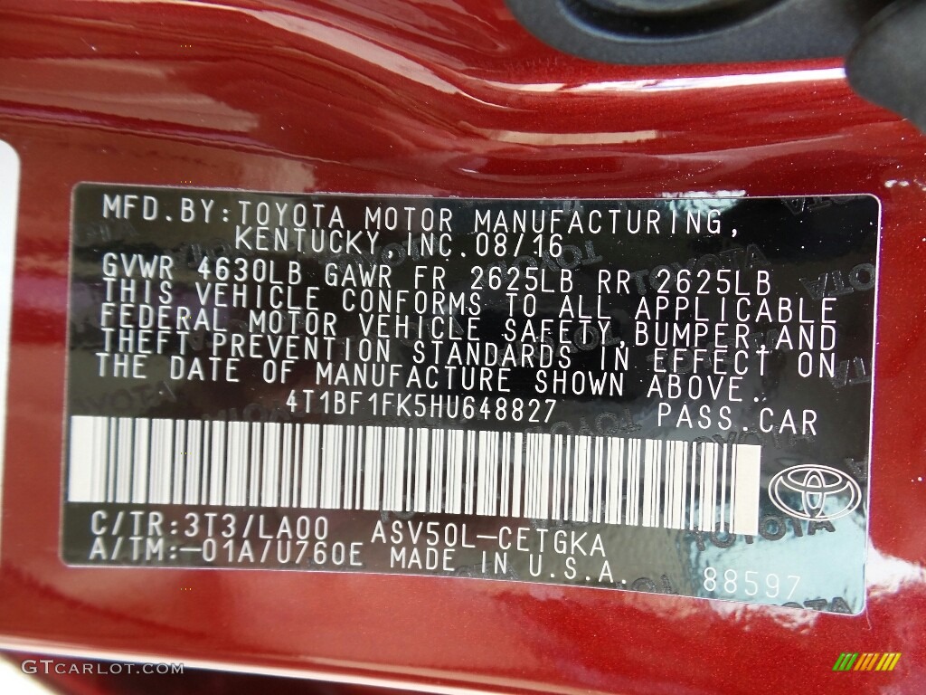2017 Camry Color Code 3T3 for Ruby Flare Pearl Photo #115144103