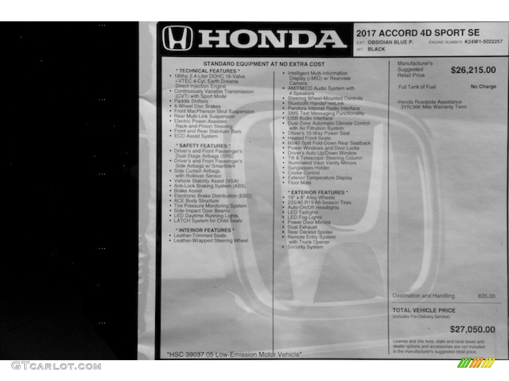 2017 Honda Accord Sport Special Edition Sedan Window Sticker Photo #115173689