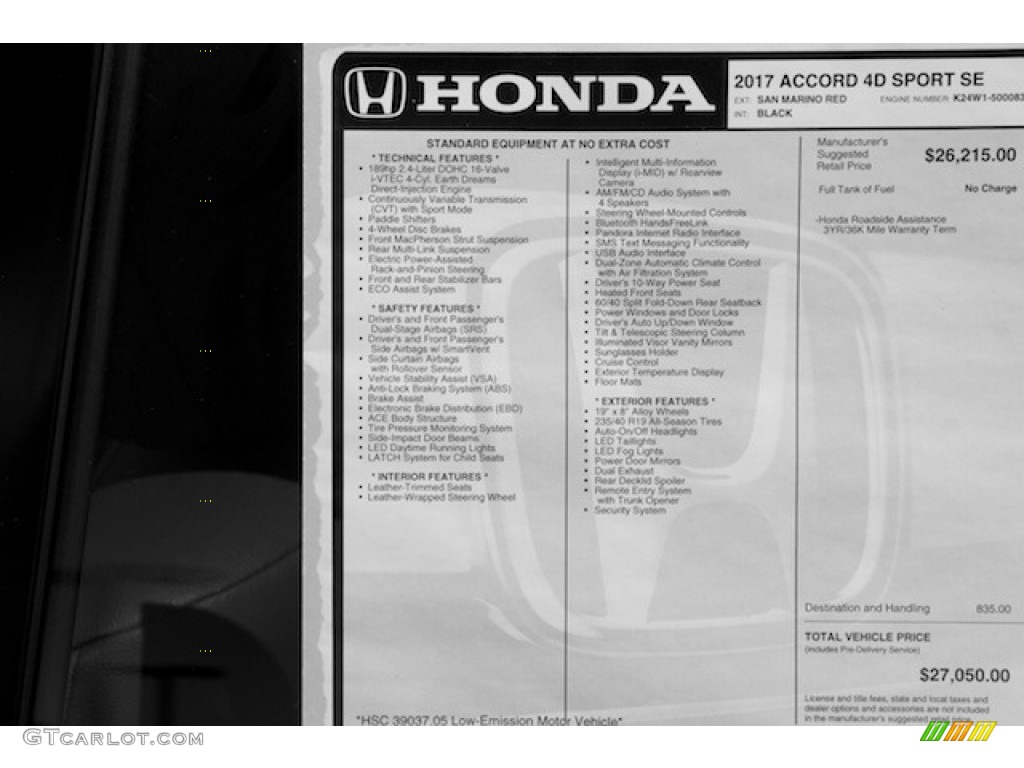 2017 Honda Accord Sport Special Edition Sedan Window Sticker Photo #115175674