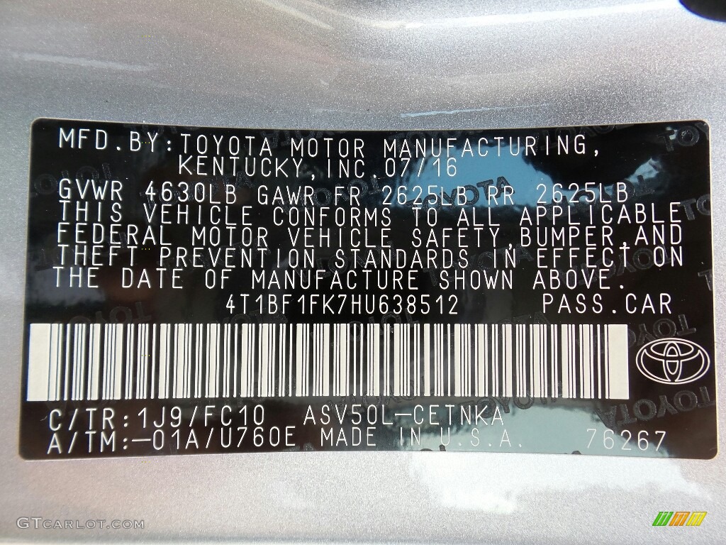 2017 Camry Color Code 1J9 for Celestial Silver Metallic Photo #115176434