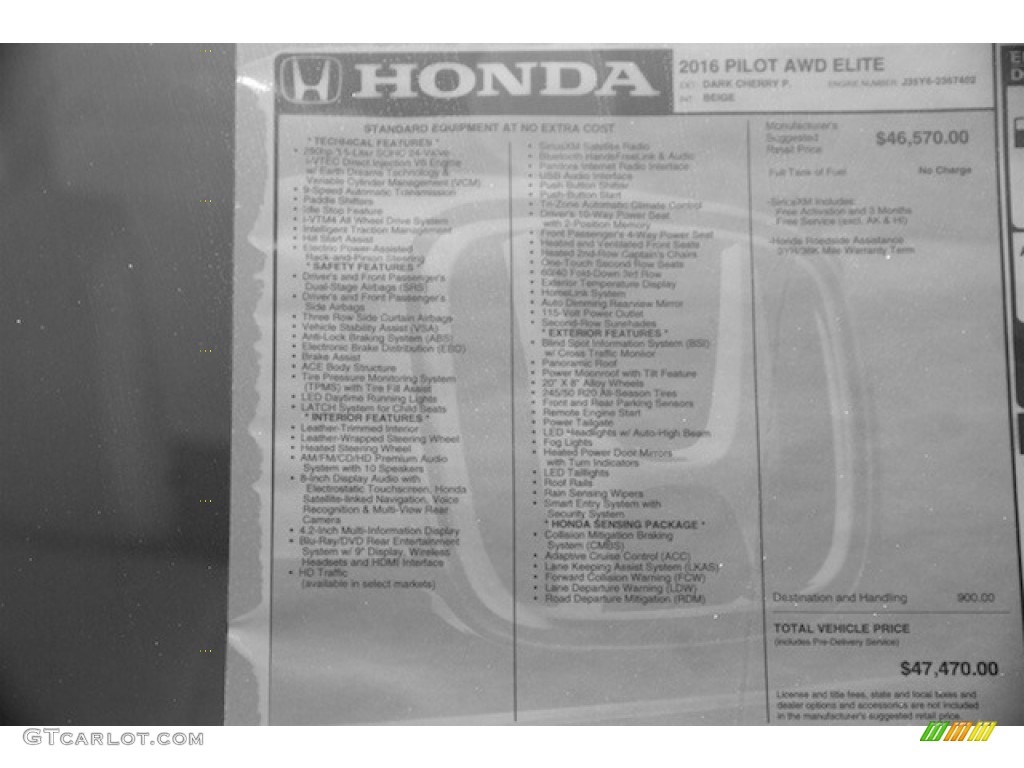 2016 Honda Pilot Elite AWD Window Sticker Photo #115177034