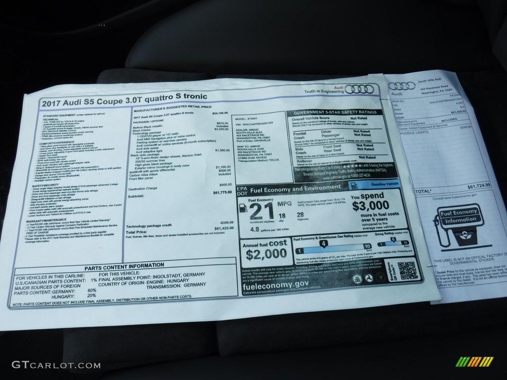 2017 Audi S5 3.0 TFSI quattro Coupe Window Sticker Photo #115182698