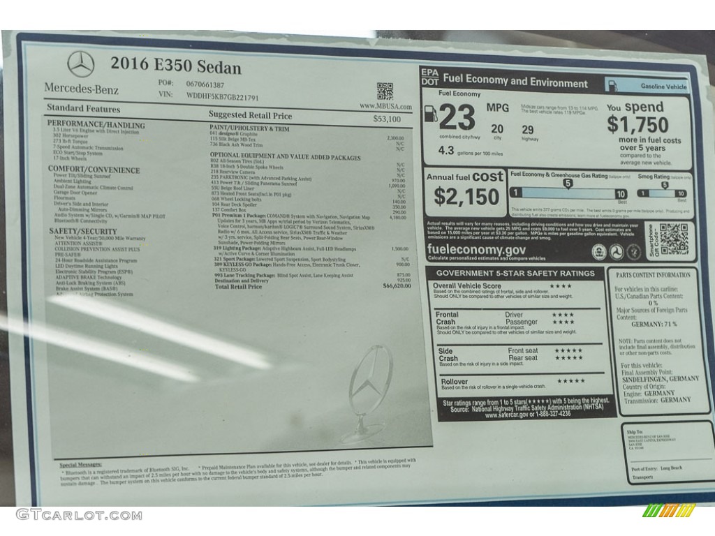 2016 Mercedes-Benz E 350 Sedan Window Sticker Photo #115197007