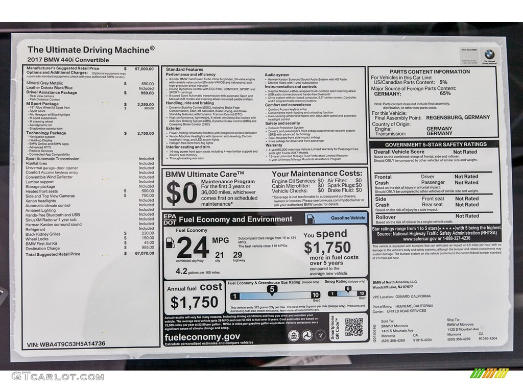 2017 BMW 4 Series 440i Convertible Window Sticker Photo #115204019
