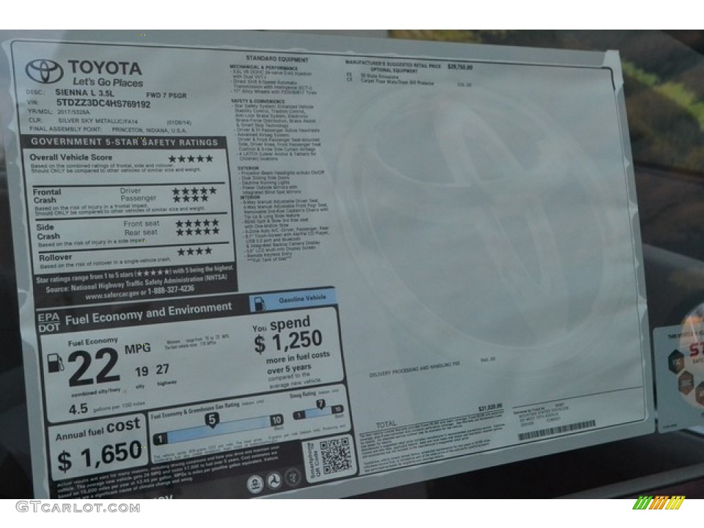 2017 Toyota Sienna L Window Sticker Photo #115236547