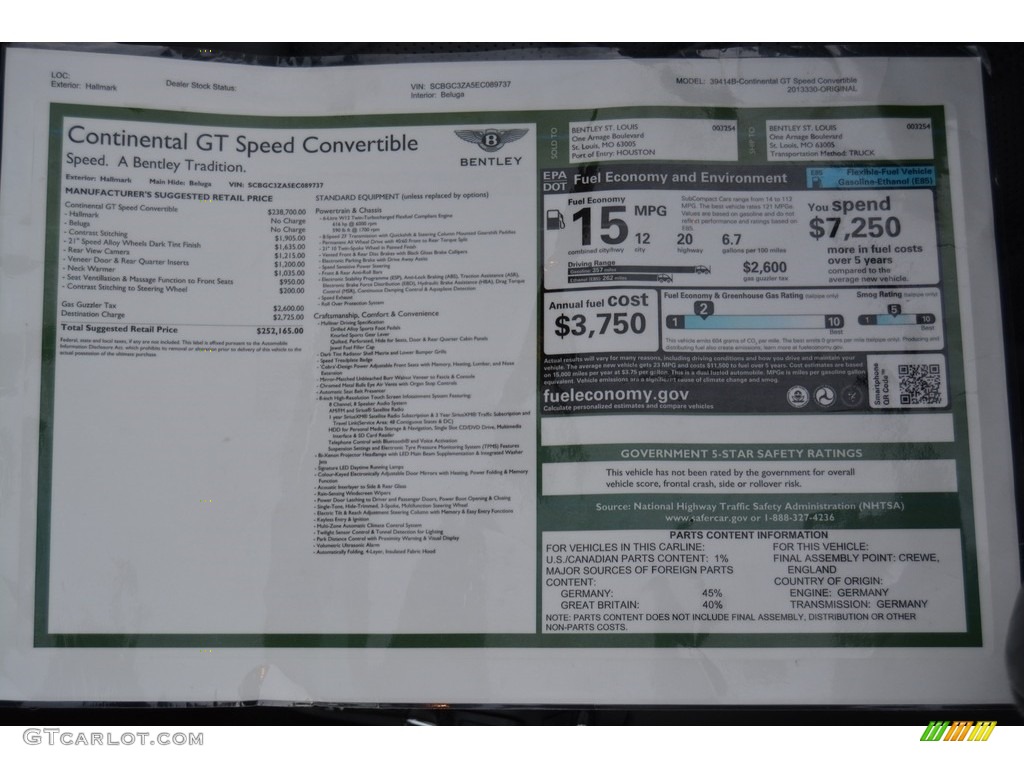 2014 Bentley Continental GTC Speed Window Sticker Photo #115238467