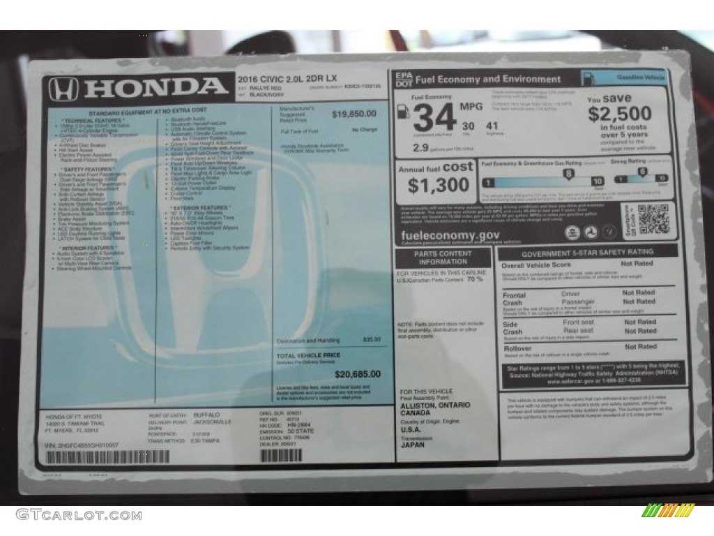 2016 Honda Civic LX Coupe Window Sticker Photo #115247086