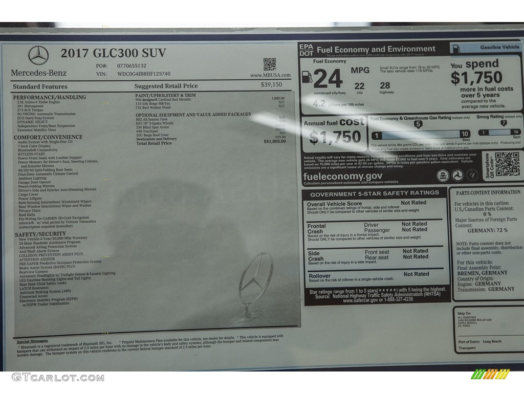 2017 Mercedes-Benz GLC 300 Window Sticker Photo #115252129