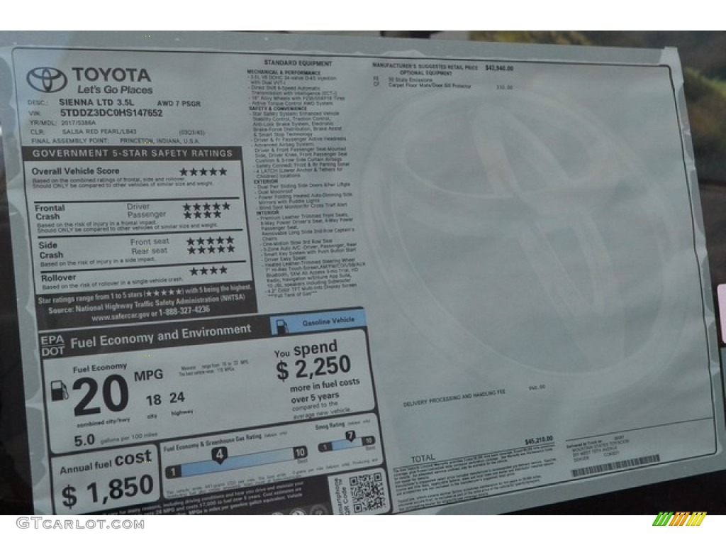 2017 Toyota Sienna Limited AWD Window Sticker Photo #115275367
