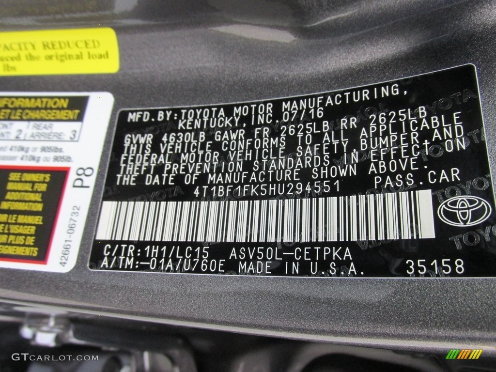 2017 Camry Color Code 1H1 for Predawn Gray Mica Photo #115281382
