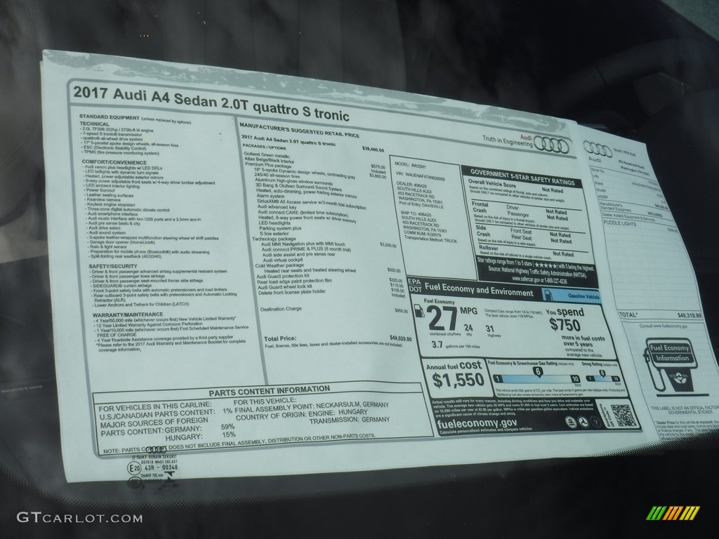 2017 Audi A4 2.0T Premium Plus quattro Window Sticker Photo #115281439
