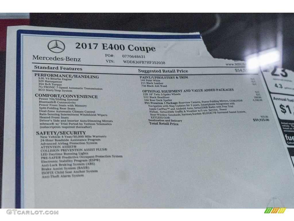 2017 Mercedes-Benz E 400 Coupe Window Sticker Photo #115314830