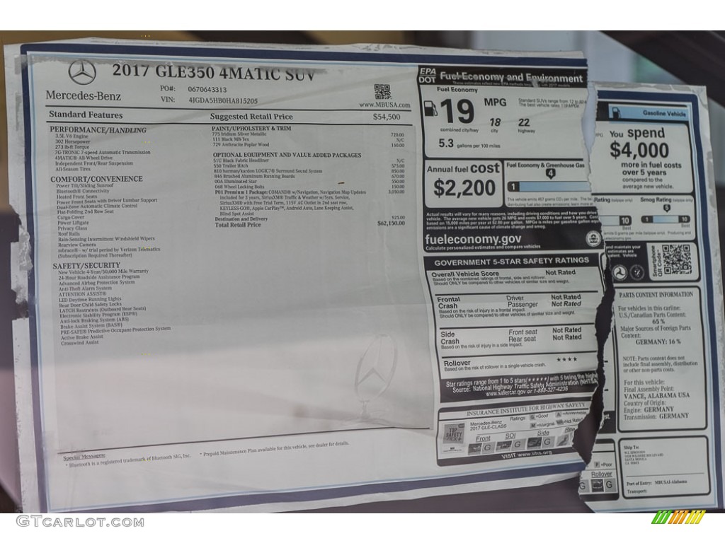 2017 Mercedes-Benz GLE 350 4Matic Window Sticker Photo #115315823