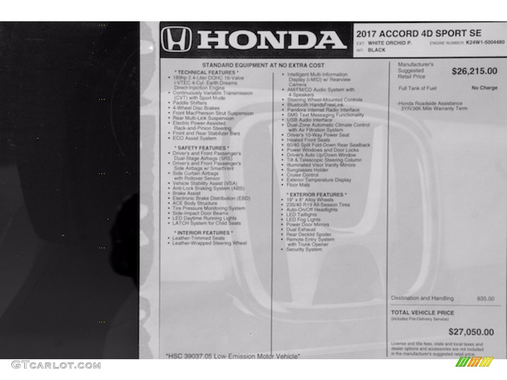 2017 Honda Accord Sport Special Edition Sedan Window Sticker Photo #115348535