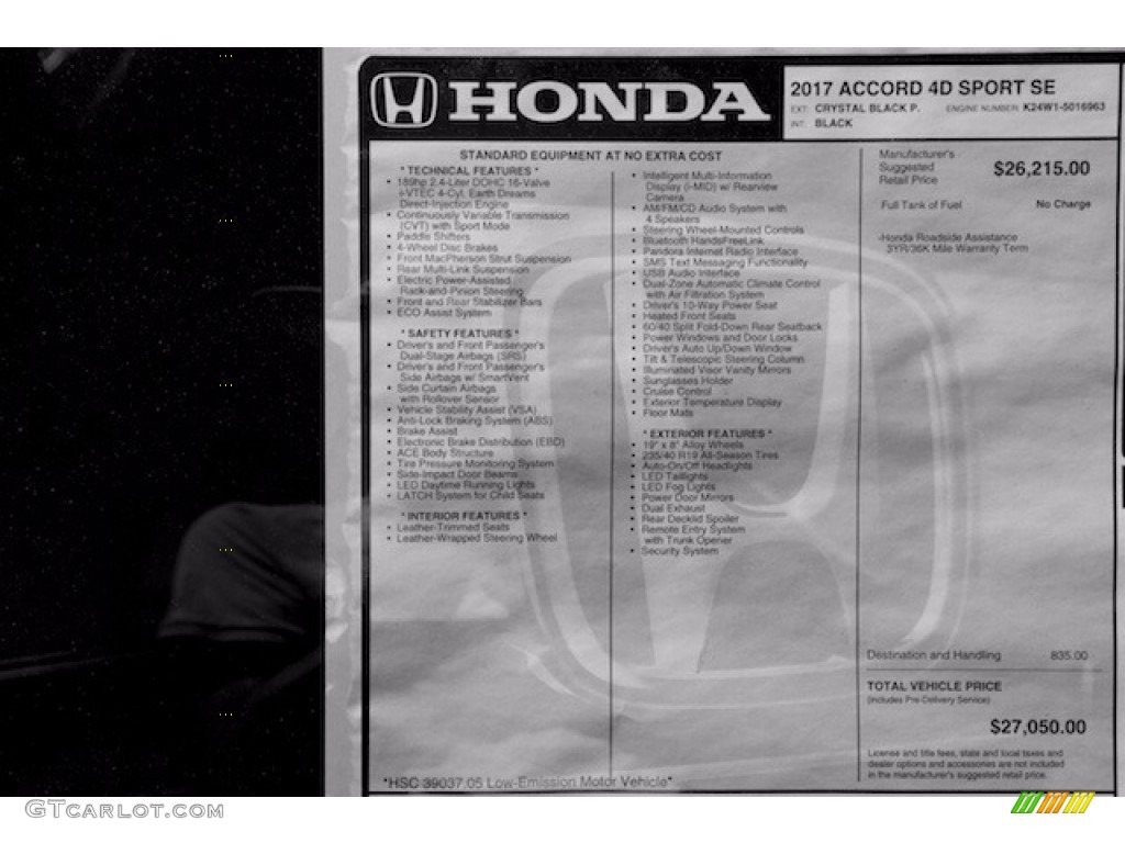 2017 Honda Accord Sport Special Edition Sedan Window Sticker Photo #115348733