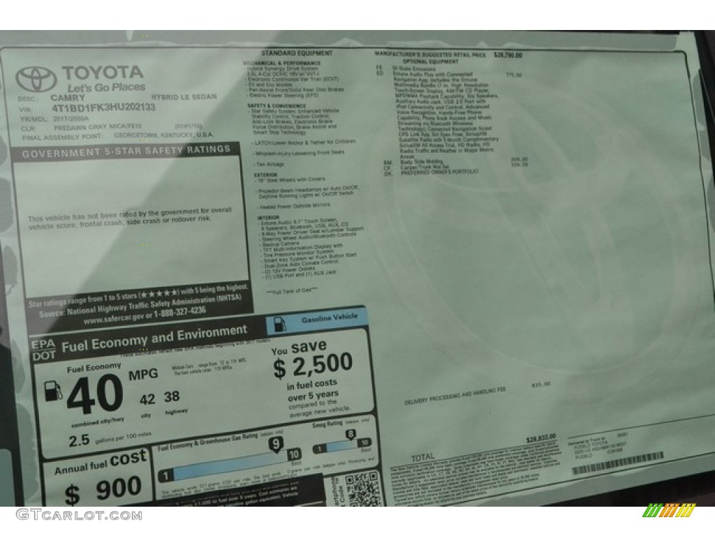 2017 Toyota Camry Hybrid LE Window Sticker Photos