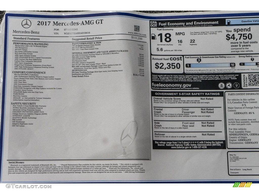 2017 Mercedes-Benz AMG GT Coupe Window Sticker Photo #115381311