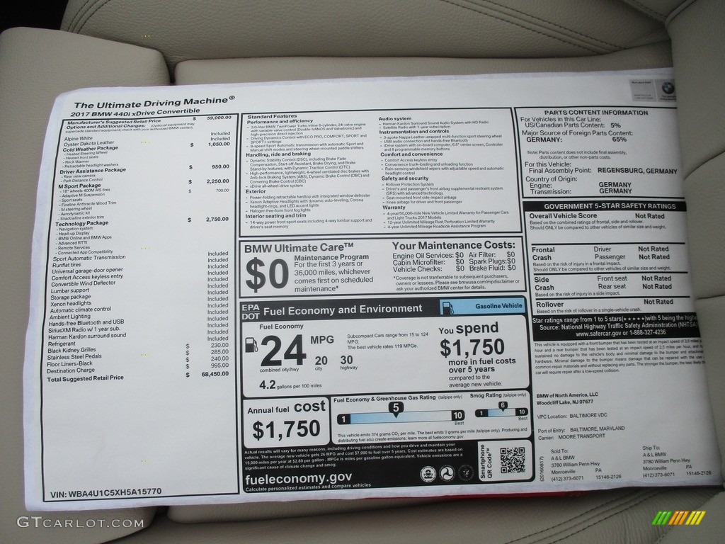 2017 BMW 4 Series 440i xDrive Convertible Window Sticker Photo #115405968