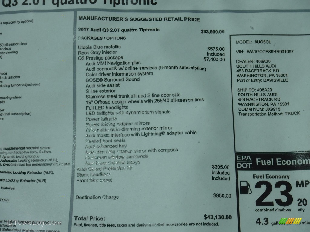 2017 Audi Q3 2.0 TFSI Prestige quattro Window Sticker Photo #115460592