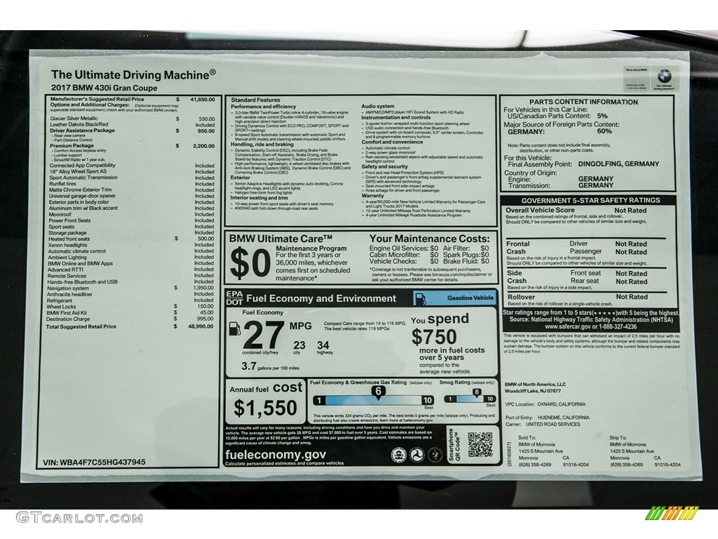 2017 BMW 4 Series 430i Gran Coupe Window Sticker Photo #115495408