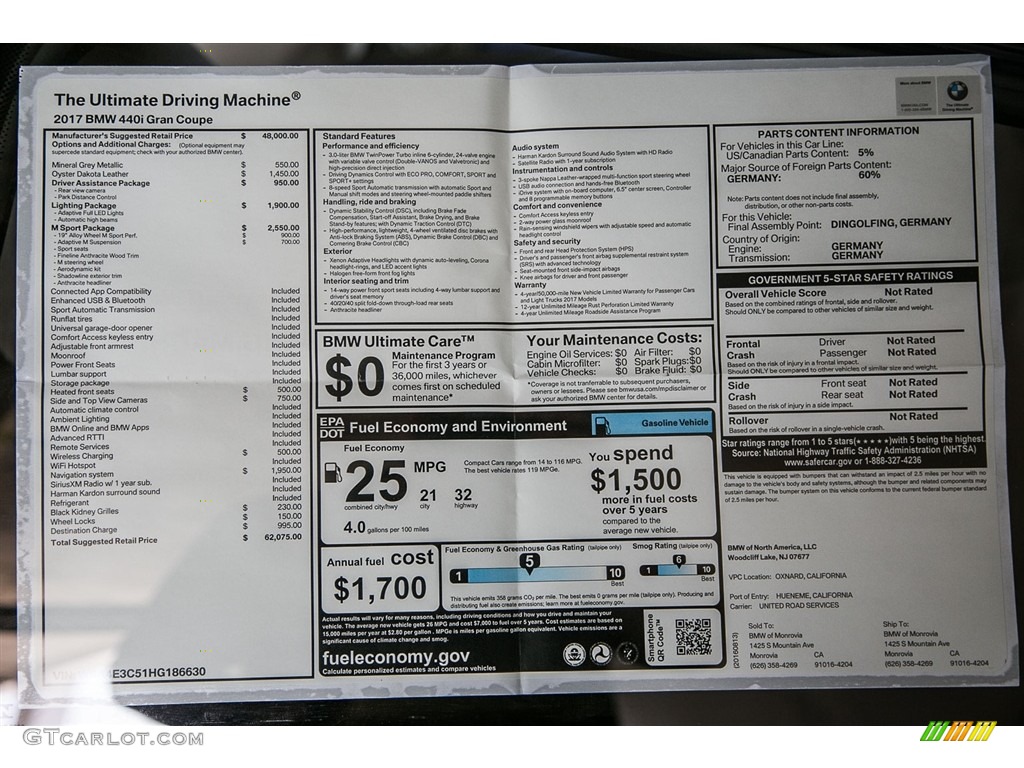 2017 BMW 4 Series 440i Gran Coupe Window Sticker Photo #115545464