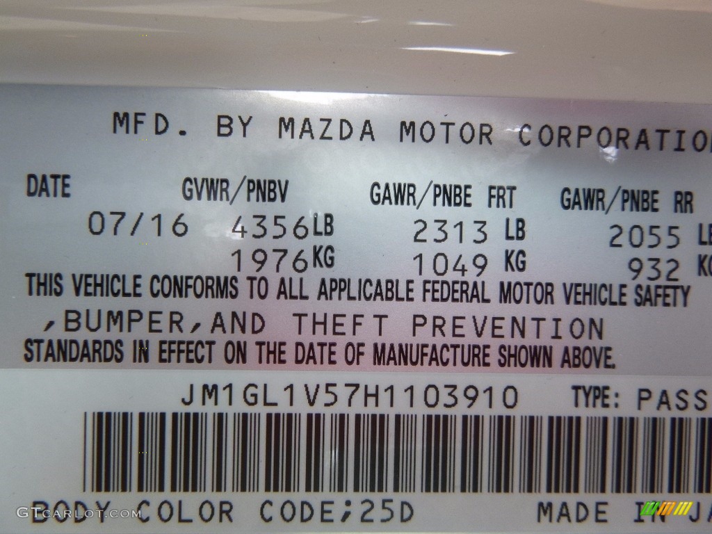 2017 Mazda6 Color Code 25D for Snowflake White Pearl Mica Photo #115568894