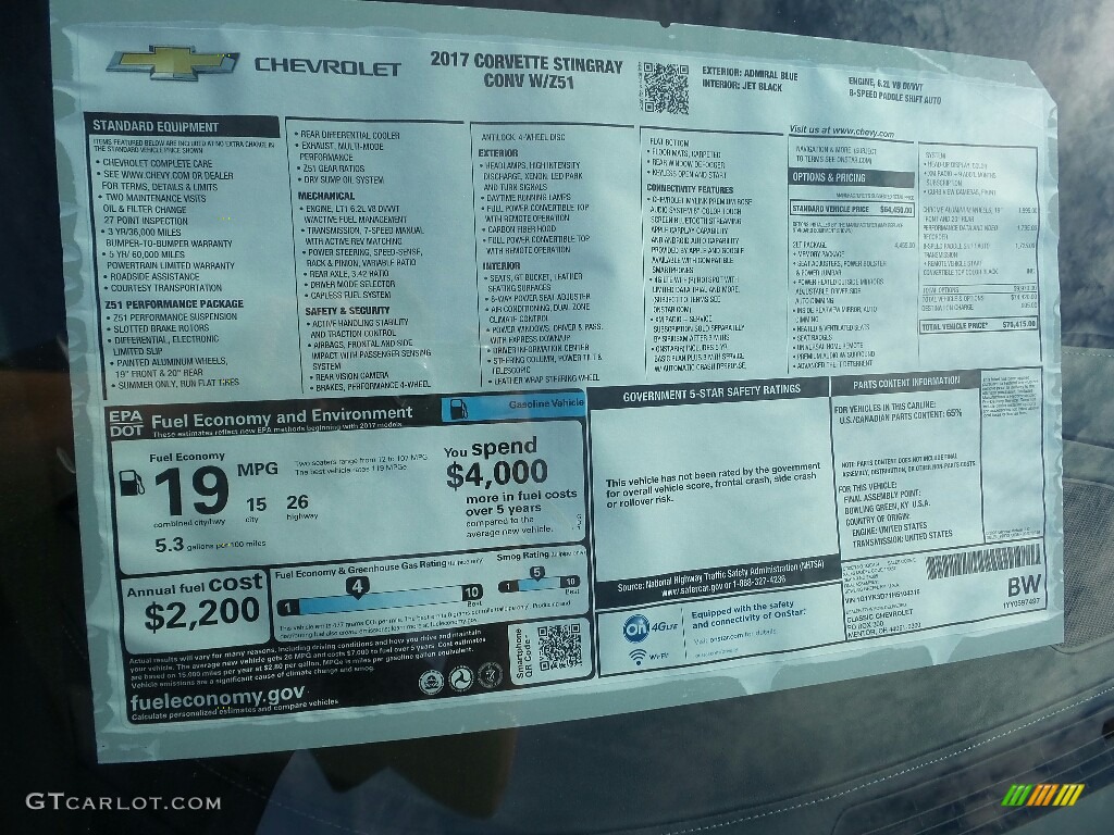 2017 Chevrolet Corvette Stingray Convertible Window Sticker Photo #115594657