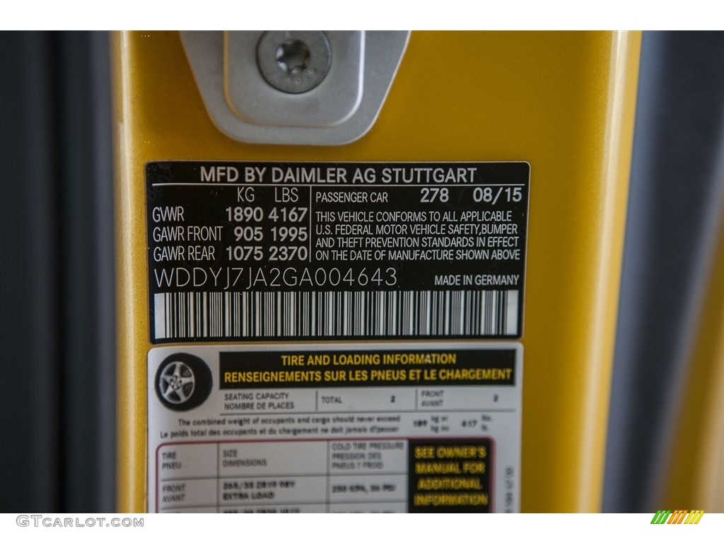 2016 AMG GT S Color Code 278 for AMG Solarbeam Yellow Metallic Photo #115628499