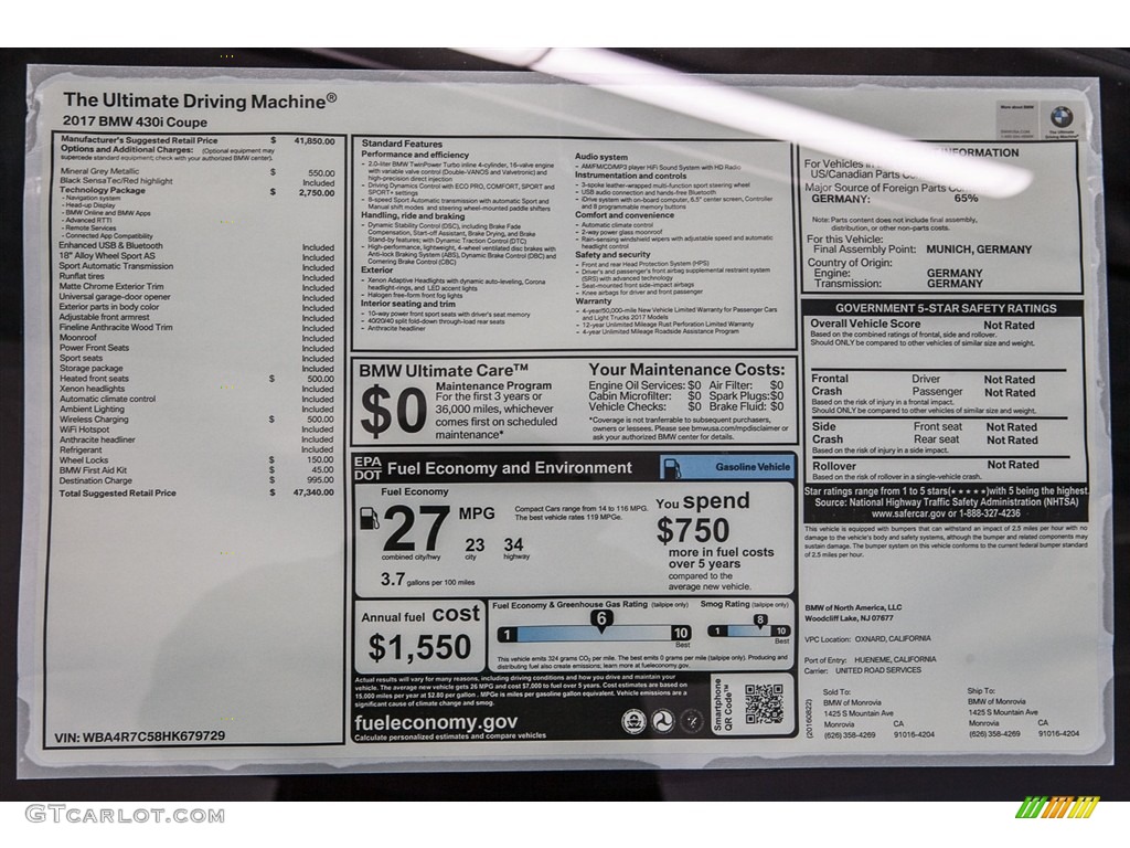 2017 BMW 4 Series 430i Coupe Window Sticker Photo #115632747