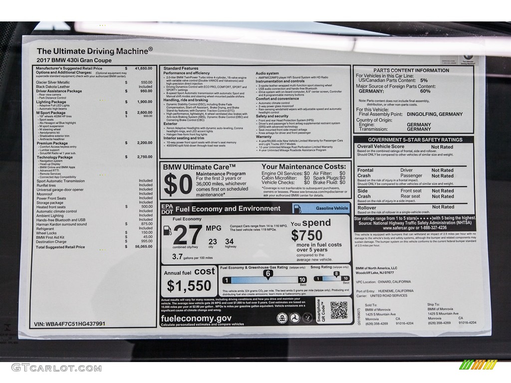 2017 BMW 4 Series 430i Gran Coupe Window Sticker Photo #115633032