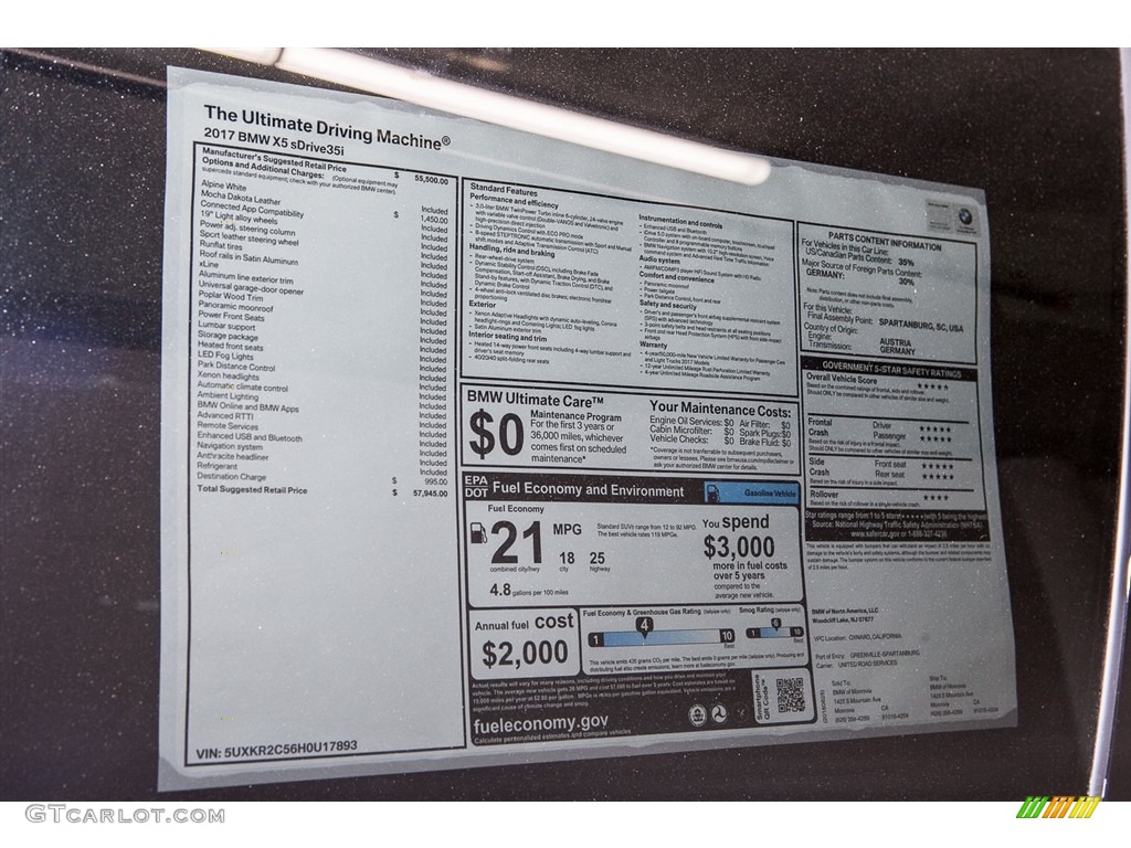 2017 BMW X5 sDrive35i Window Sticker Photo #115633056