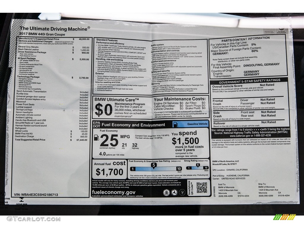 2017 BMW 4 Series 440i Gran Coupe Window Sticker Photo #115633335