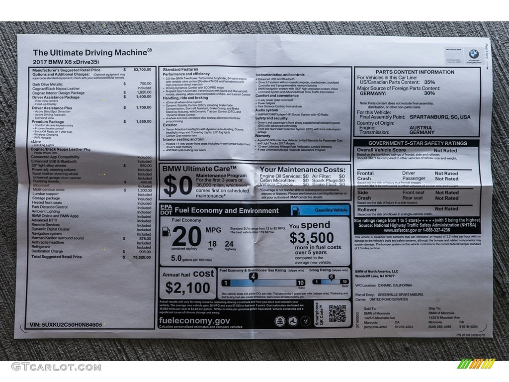2017 BMW X6 xDrive35i Window Sticker Photo #115633370