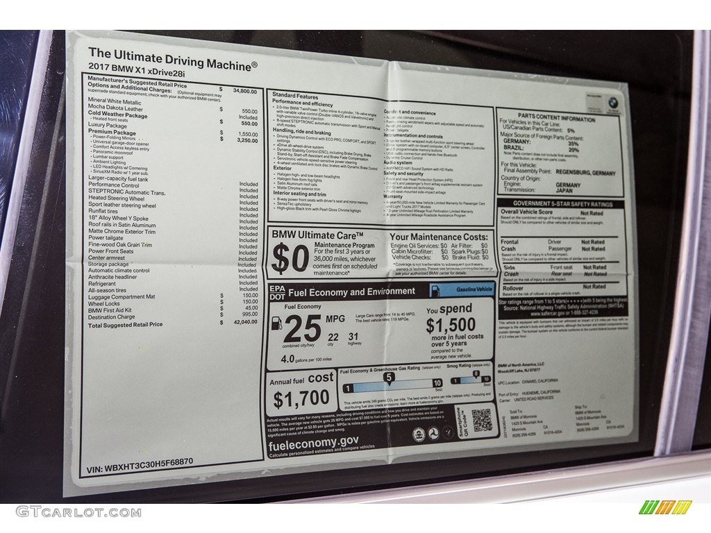 2017 BMW X1 xDrive28i Window Sticker Photo #115634256