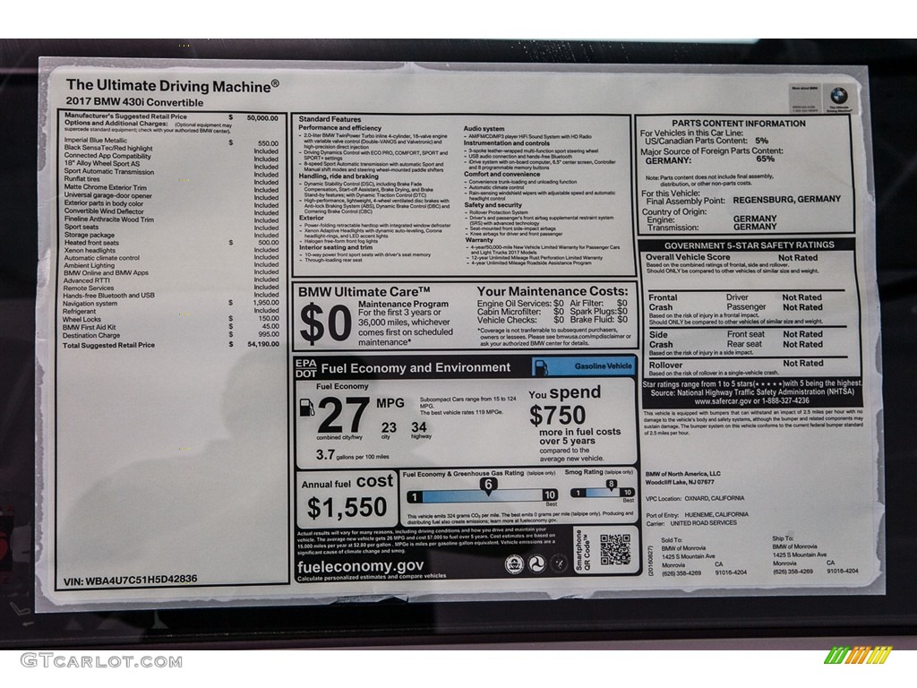 2017 BMW 4 Series 430i Convertible Window Sticker Photo #115635147