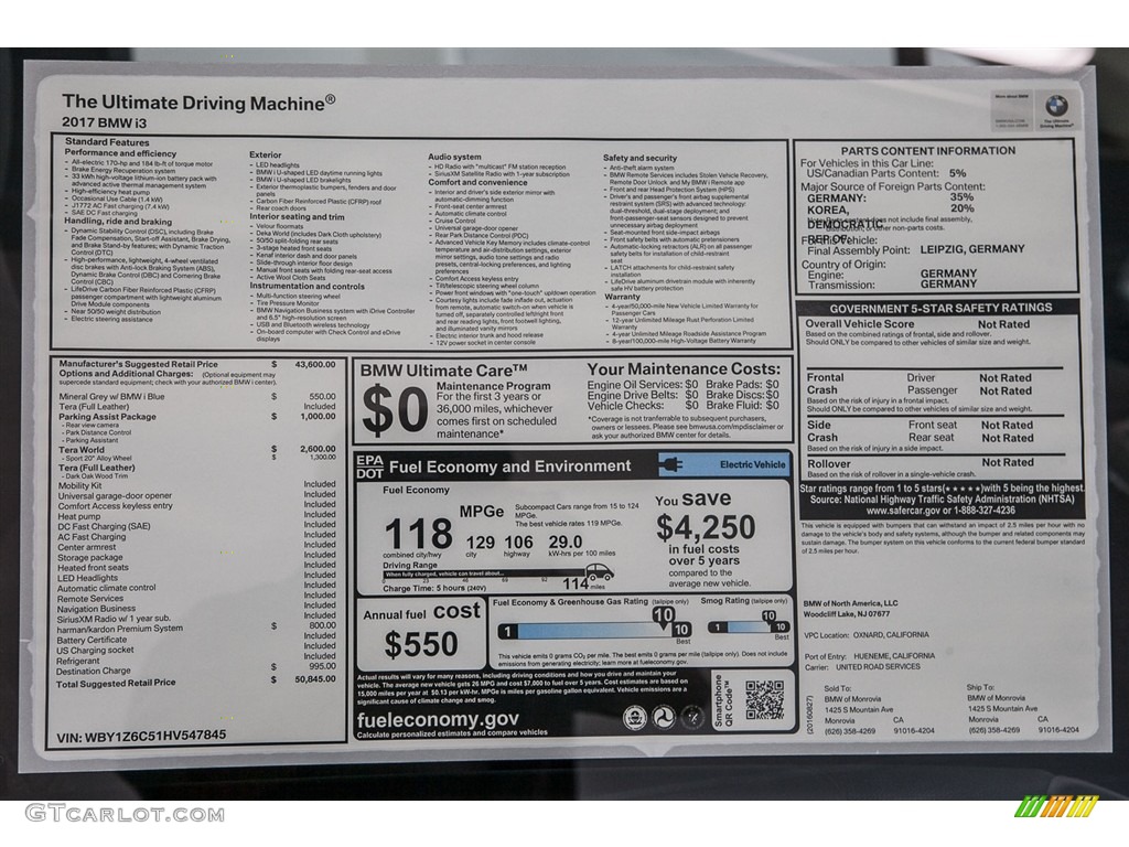 2017 BMW i3 Standard i3 Model Window Sticker Photo #115636980
